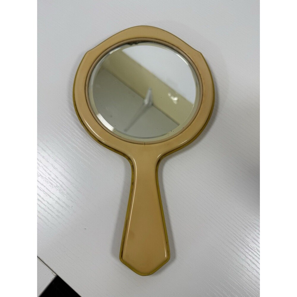 Antique Ivory Colored Pyralin Dubarry Beveled Glass Hand Held Vanity Mirror
